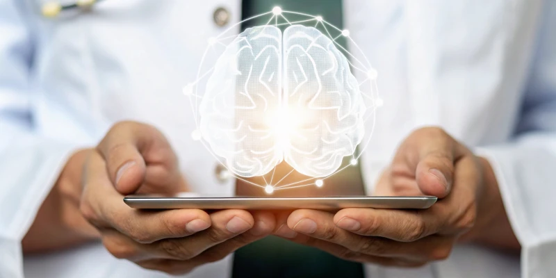 Psychiatrist reviewing clinical research on a computer, illustrating the responsible use of artificial intelligence in psychiatric diagnosis, medication management, and patient care.
